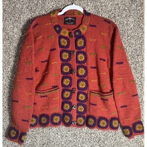 Lost Horizons Womens Handknit Wool Nepal Folk Art Granny Square Cardigan Sweater